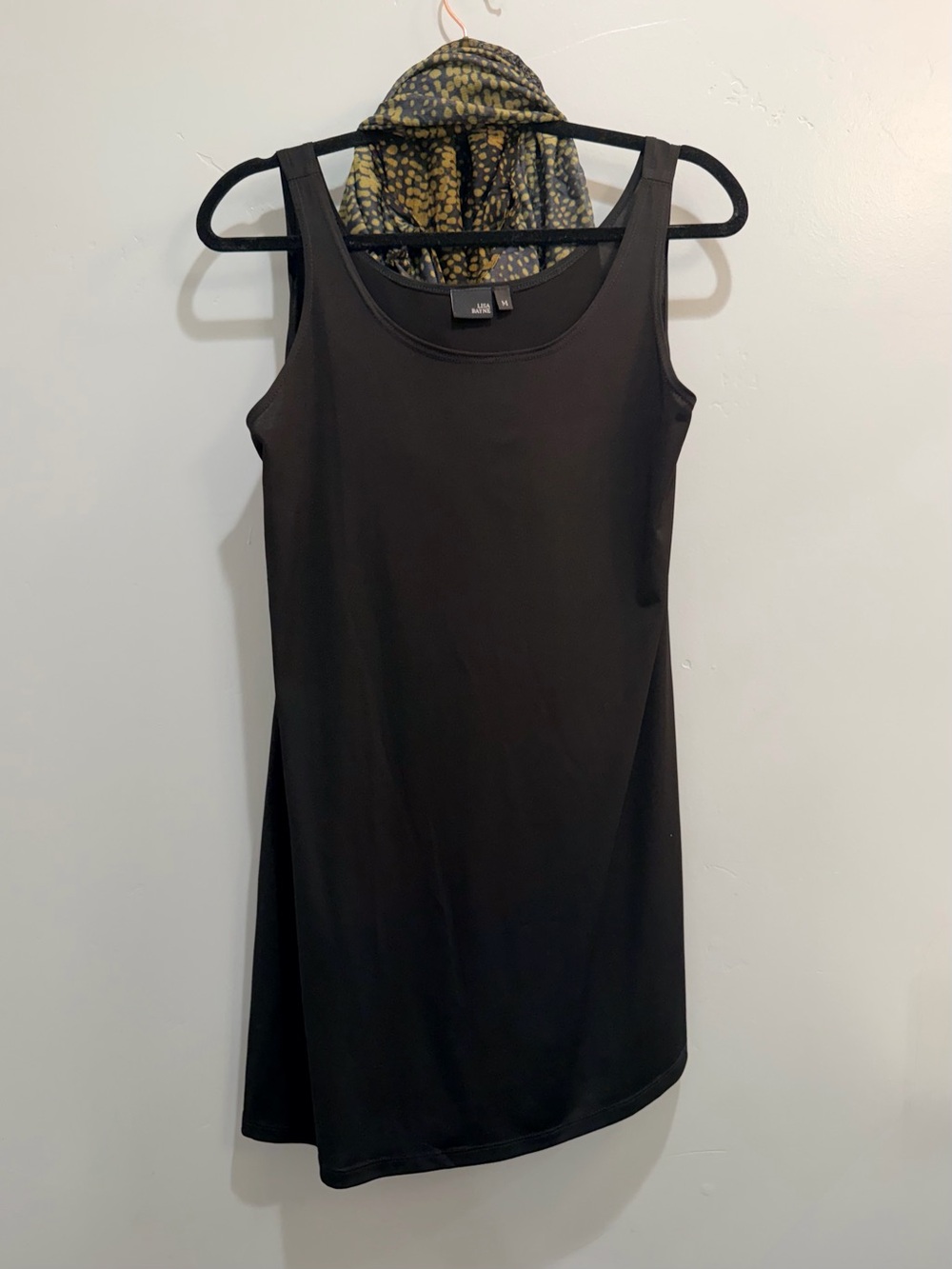 Lisa Bayne Crinkled Mesh Asymmetric Hem Dress Black Gold Dot Lagenlook Medium - Picture 13 of 14